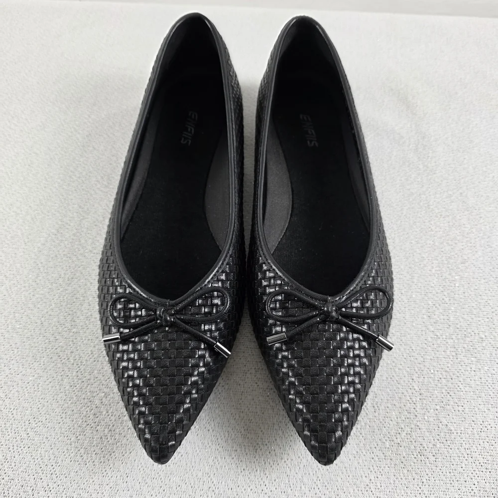 Enfiis Black Woven Patterned Vegan Pointed Toe Ballet Flats Women's 10